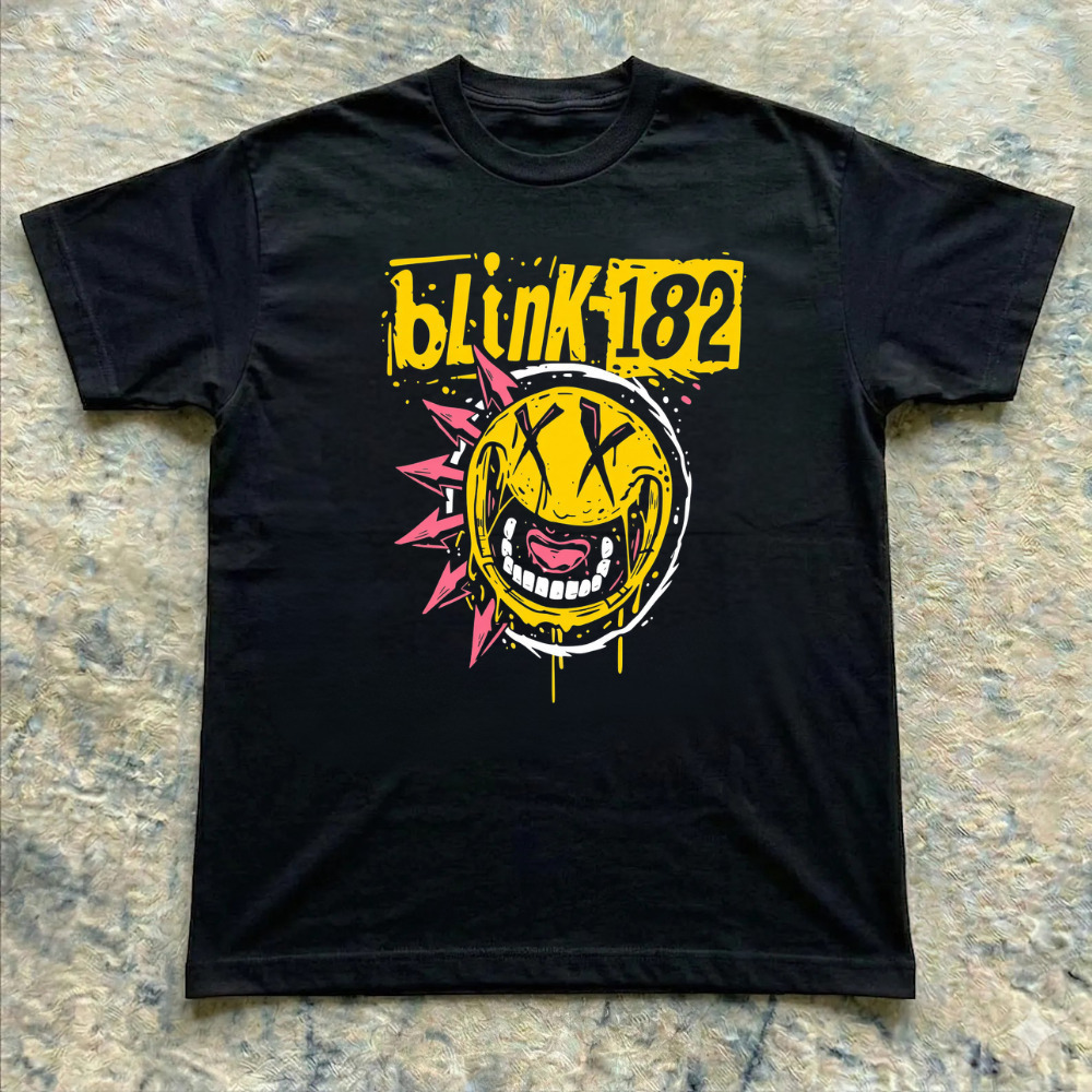 Blink-182 Smiley Face Spiked Logo Graffiti Vintage Black T-Shirt